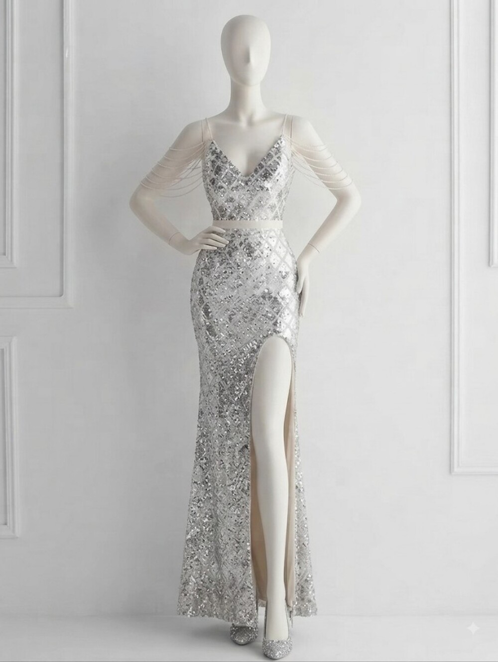 Silver Sequin Evening Gown with Illusion Sleeves - Picture 13 of 15